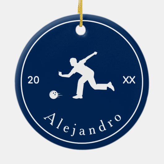 Blue Bowler Silhouette Player Coach Name & Year Keramisch Ornament (Achterkant)