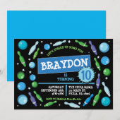 Blue BOWLING BALL NEON Verjaardagsfeestuitnodiging Kaart (Voorkant / Achterkant)