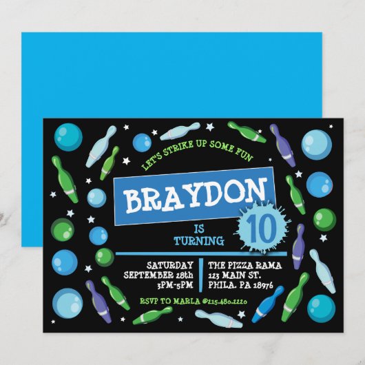 Blue BOWLING BALL NEON Verjaardagsfeestuitnodiging Kaart (Voorkant / Achterkant)