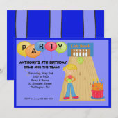 Blue, Bowling Birthday Party Invitation Kaart (Voorkant / Achterkant)