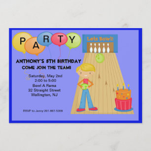 Blue, Bowling Birthday Party Invitation Kaart