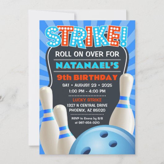 Blue Bowling Party Boys Verjaardag Kaart (Voorkant)