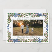 Blue Bows and Holly Garland One-Photo Christmas Feestdagenkaart (Voorkant)