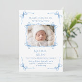 Blue Bows Baby Boy Foto Geboorteaankondiging Kaart (Staand voorkant)