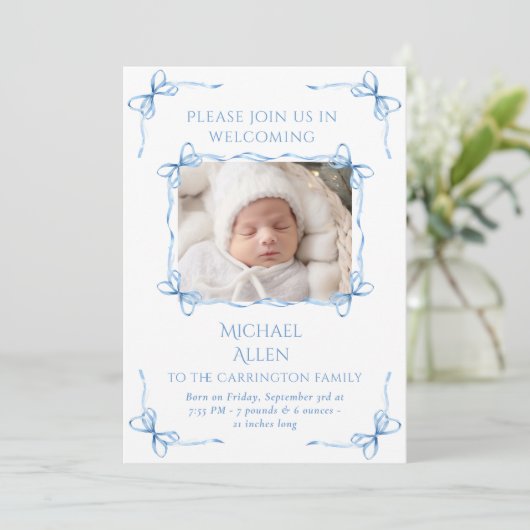 Blue Bows Baby Boy Foto Geboorteaankondiging Kaart (Staand voorkant)