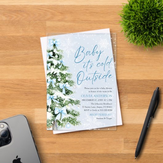 Blue Bows Baby Het is koud buiten Baby shower Acryl Uitnodigingen (Insitu (Uitnodiging))