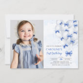 Blue Bows Balloons 1st Birthday Invitation Kaart (Voorkant)