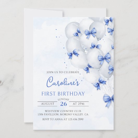 Blue Bows Balloons Verjaardag Uitnodiging (Voorkant)