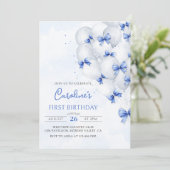 Blue Bows Balloons Verjaardag Uitnodiging (Staand voorkant)
