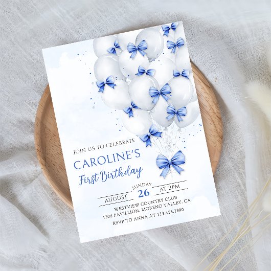 Blue Bows Balloons Verjaardag Uitnodiging