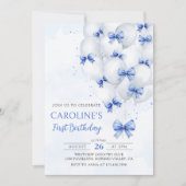 Blue Bows Balloons Verjaardag Uitnodiging (Voorkant)