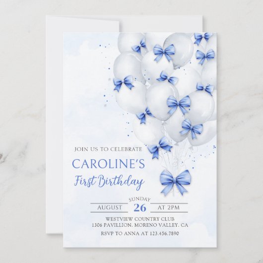 Blue Bows Balloons Verjaardag Uitnodiging (Voorkant)