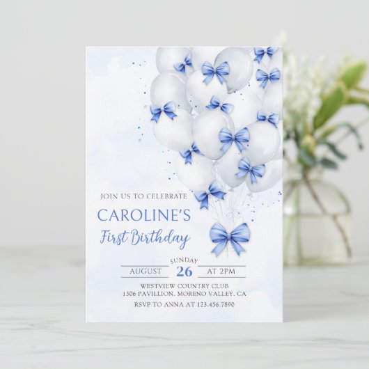 Blue Bows Balloons Verjaardag Uitnodiging (Staand voorkant)