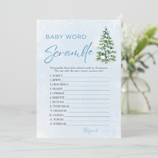 Blue Bows Christmas Tree Baby Word Scramble Game Kaart (Staand voorkant)
