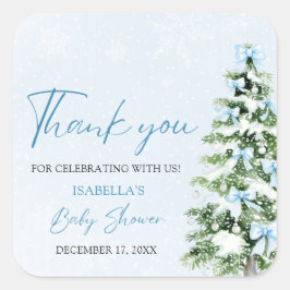 Blue Bows Christmas Tree Boy Winter Baby shower Vierkante Sticker