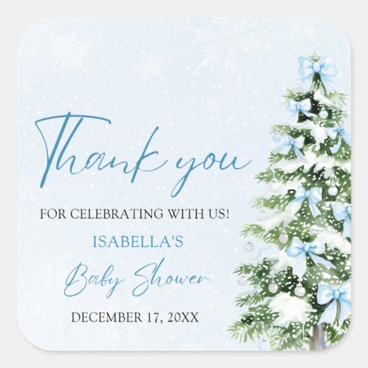 Blue Bows Christmas Tree Boy Winter Baby shower Vierkante Sticker (Voorkant)