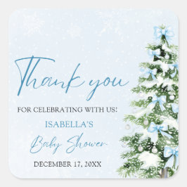 Blue Bows Christmas Tree Boy Winter Baby shower Vierkante Sticker