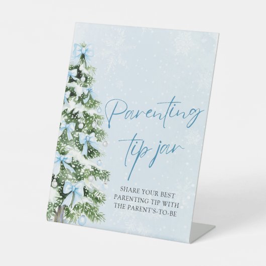 Blue Bows Christmas Tree Parenting Tip Jar Game Reclamebord Met Voetstuk (Voorkant)