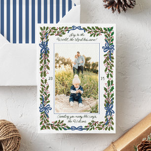 Blue Bows en Holly Garland One-Photo Kerstmis Feestdagenkaart
