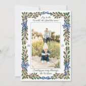 Blue Bows en Holly Garland One-Photo Kerstmis Feestdagenkaart (Voorkant)