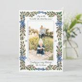 Blue Bows en Holly Garland One-Photo Kerstmis Feestdagenkaart (Staand voorkant)