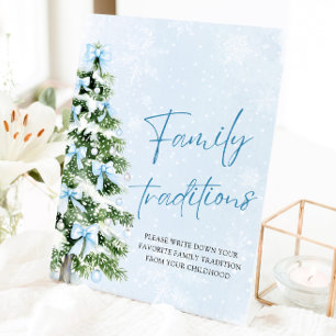 Blue Bows Kerstboom Familie Tradities Spel Reclamebord Met Voetstuk