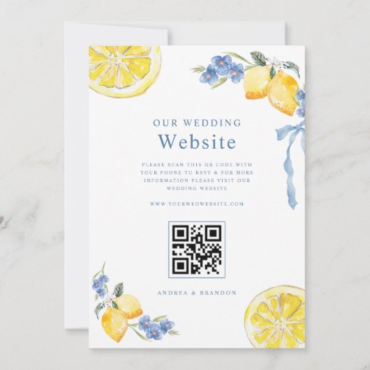Blue Bows & Lemons Italian QR Code Wedding Kaart (Achterkant)