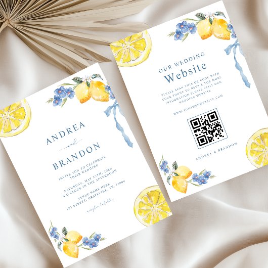 Blue Bows & Lemons Italian QR Code Wedding Kaart