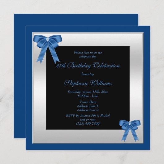  Blue Bows & Silver Framed Verjaardag Kaart (Voorkant / Achterkant)