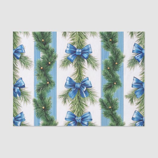 BLUE BOWS STRIPES & GREEN GARLAND TISSUEPAPIER (Voorkant)