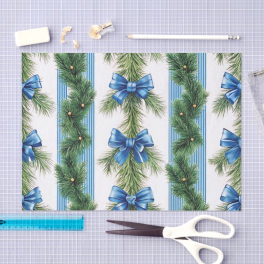 BLUE BOWS STRIPES & GREEN GARLAND TISSUEPAPIER (Craft)