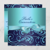 Blue Bows & Swirl Quinceañera uitnodiging (Voorkant / Achterkant)