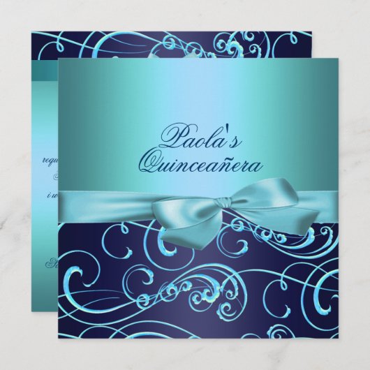 Blue Bows & Swirl Quinceañera uitnodiging (Voorkant / Achterkant)