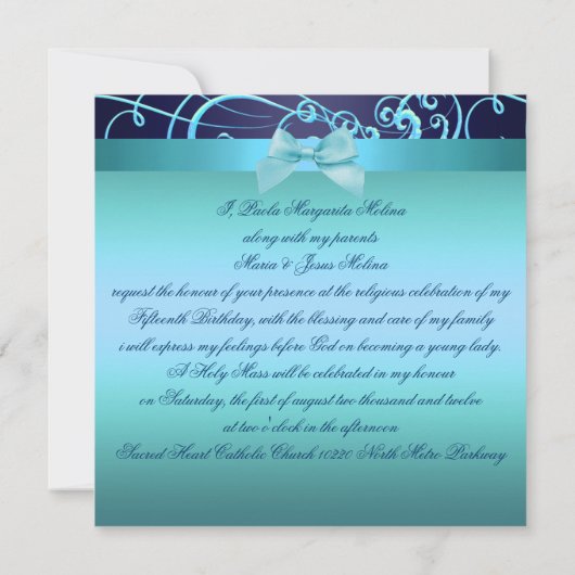 Blue Bows & Swirl Quinceañera uitnodiging (Achterkant)