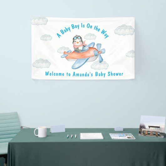 Blue Boy Baby shower Airplane Penguin Banner (Beurs)