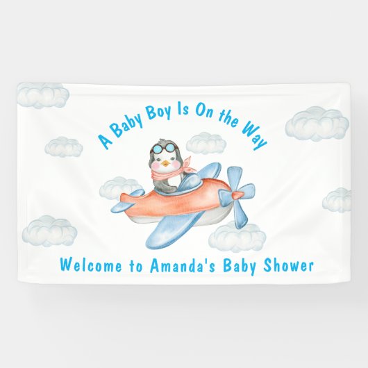 Blue Boy Baby shower Airplane Penguin Banner (Horizontaal)