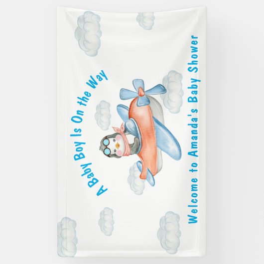 Blue Boy Baby shower Airplane Penguin Banner (Verticaal)