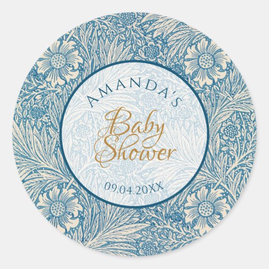 Blue Boy Baby shower Bloemen Script Marigold Morri Ronde Sticker (Voorkant)