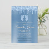 Blue Boy Baby shower Glitter Drip Baby Feet Invita Kaart (Staand voorkant)