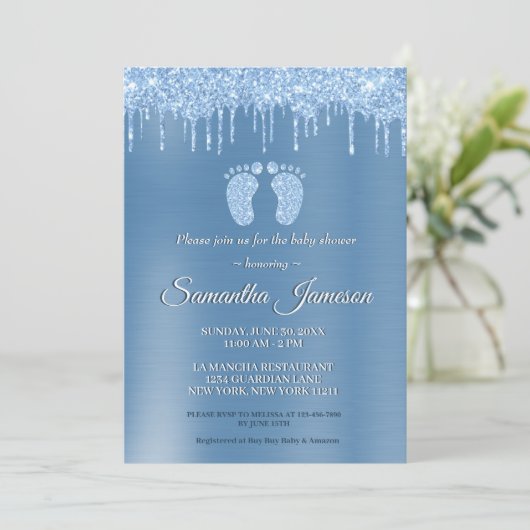 Blue Boy Baby shower Glitter Drip Baby Feet Invita Kaart (Staand voorkant)