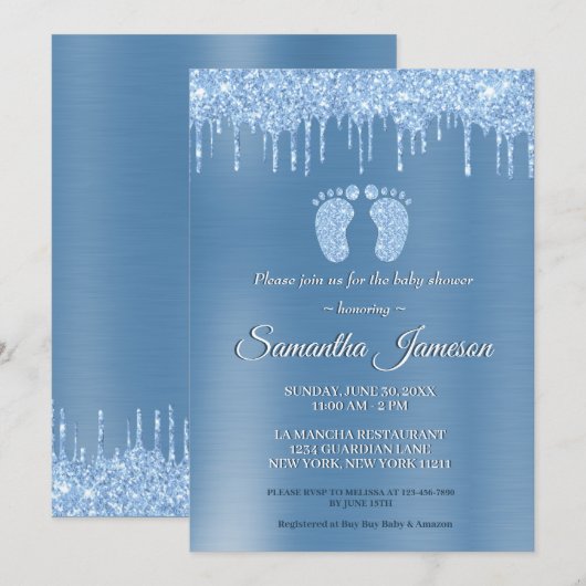 Blue Boy Baby shower Glitter Drip Baby Feet Invita Kaart (Voorkant / Achterkant)