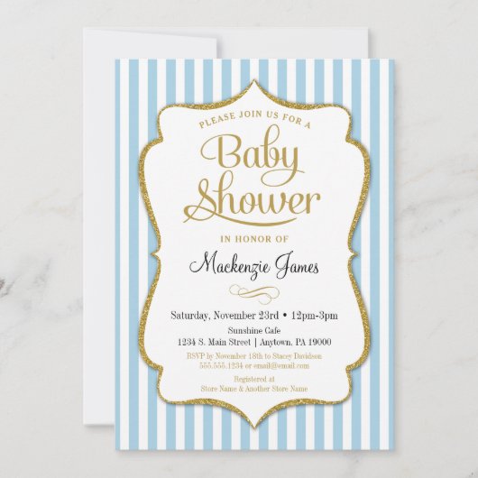 Blue Boy Baby shower Invitation Elegant Stripes Kaart (Voorkant)