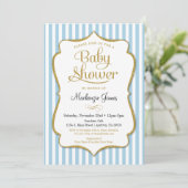 Blue Boy Baby shower Invitation Elegant Stripes Kaart (Staand voorkant)