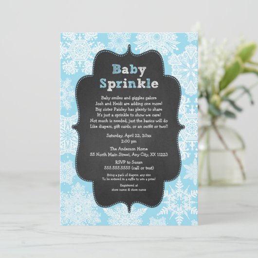 Blue Boy Baby Sprinkle sneeuwflake winter nodigt Kaart (Staand voorkant)