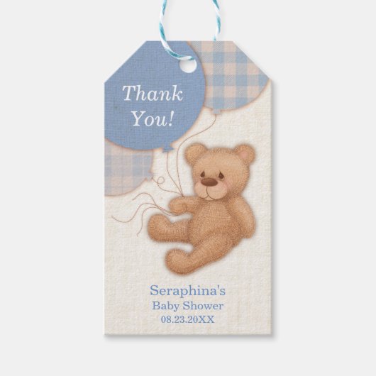 Blue Boy Balloon Teddy Bear Bedankt Cadeaulabel (Voorkant)