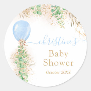 Blue Boy Balloon Waterverf Floral Baby shower Ronde Sticker