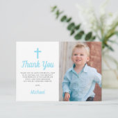 Blue Boy Baptism First Birthday Foto Dank je Bedankkaart (Staand voorkant)