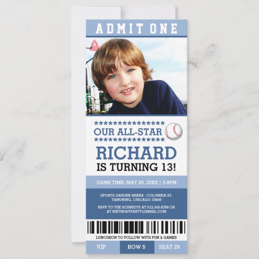 Blue Boy Baseball Ticket Verjaardag Uitnodigingen (Voorkant)