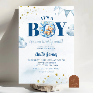 Blue Boy Bearly Wait Baby shower Kaart