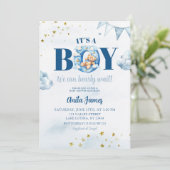 Blue Boy Bearly Wait Baby shower Kaart (Staand voorkant)